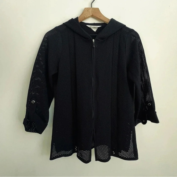 MISOOK Mesh Perforated Zip Up Hooded Jacket XS Black 3/4 Sleeve tab acrylic knit - Picture 3 of 13